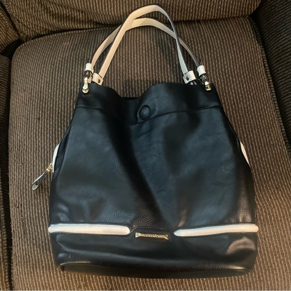 Gussaci Italy black & white shoulder bag w/ gold accents